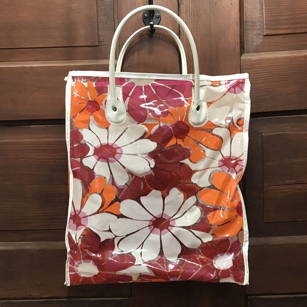 Vintage Retro Vinyl Tote 20.5 x 14.5 Inches 1960’S-1970’S Flower Hippy Boho Bag